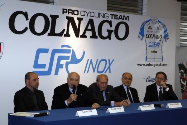 Paolo Bettini, Fiorenzo Magni, Alfredo Martini, Renato Di Rocco and Ernesto Colnago at the Colnago 2011 presentation.