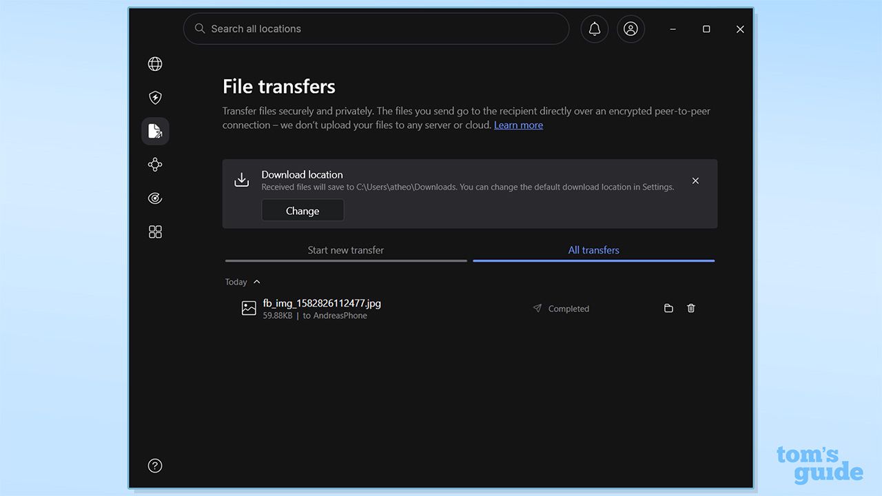 Screenshot of NordVPN's Meshnet file transfer