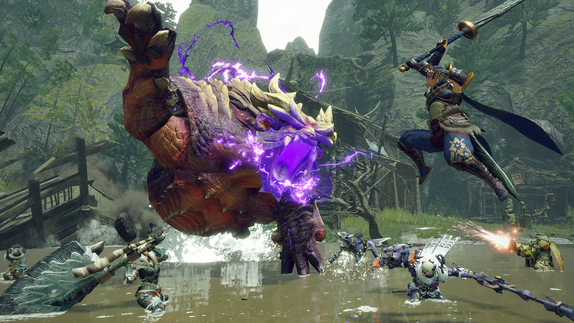 Three players attacking a monster in a river during the RPG Monster Hunter Rise
