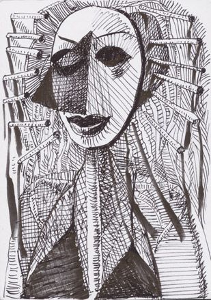 Black and white abstract sketch of a lady