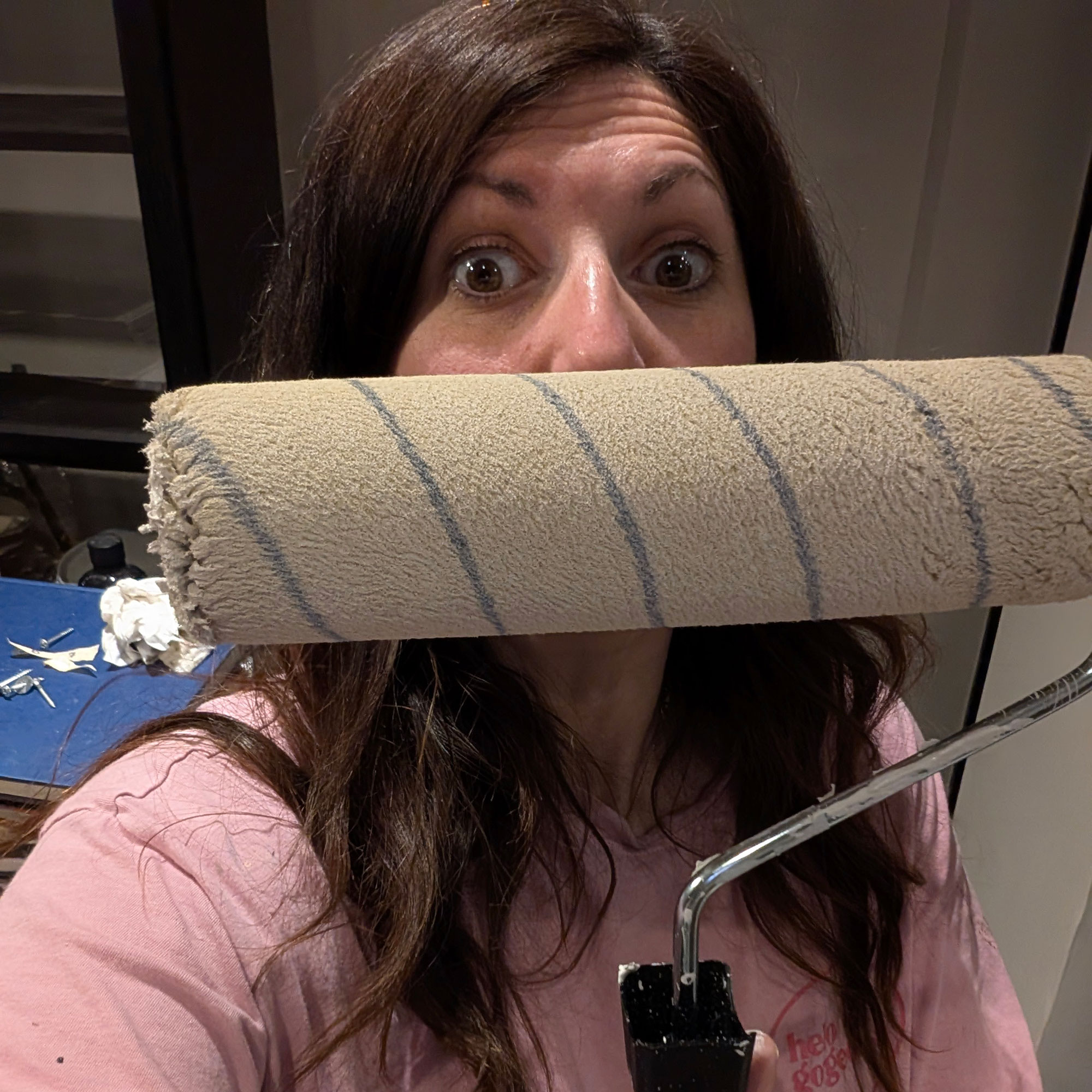 Paint roller being held up in front of woman's face