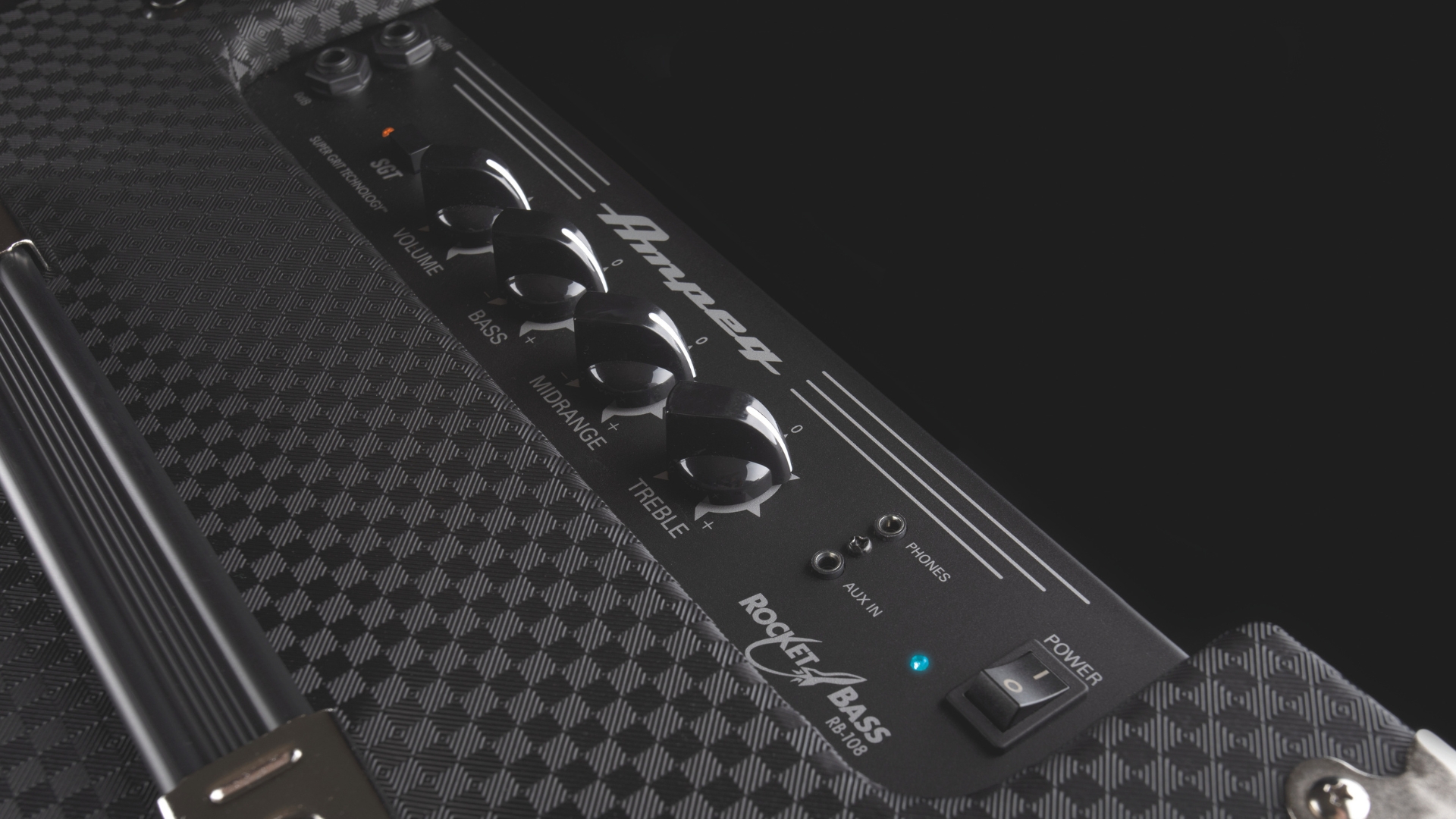 Close up of the controls on an Ampeg Rocket Bass amp