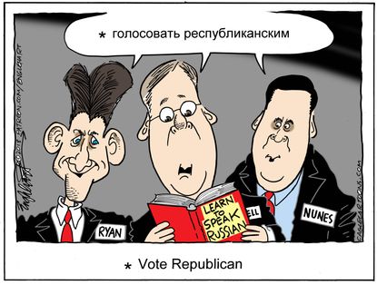 Political cartoon U.S. Trump Russia investigation Putin Helsinki summit republicans Paul Ryan Devin Nunes