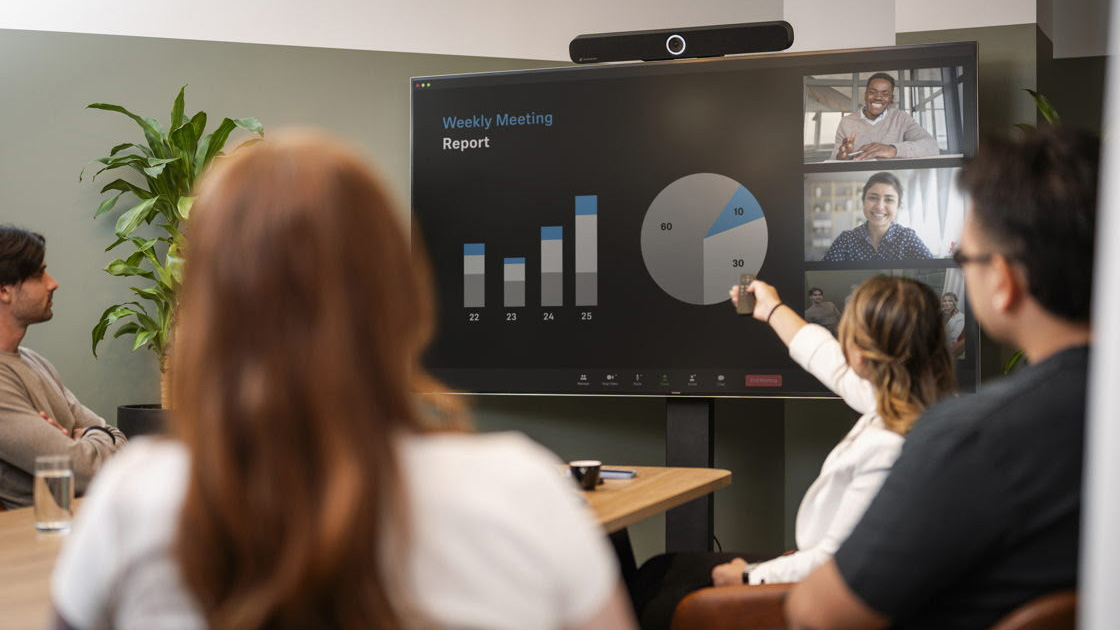 Sennheiser’s TC Bar Solution being used in a small meeting room for a presentation among remote and in-person co-workers.