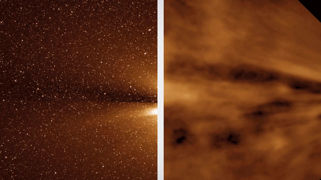 The solar wind, as captured by NASA's STEREO spacecraft, before (left) and after (right) processing, revealing the transition from the sun's corona, where the smooth flow of plasma breaks off into a coarser spray.