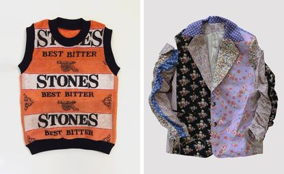 Left, ‘Stones Best Bitter’ towel vest, by Adam Jones. Right, ‘Patchwork’ jacket, by Neith Nyer. Both available made to order at APOC Store