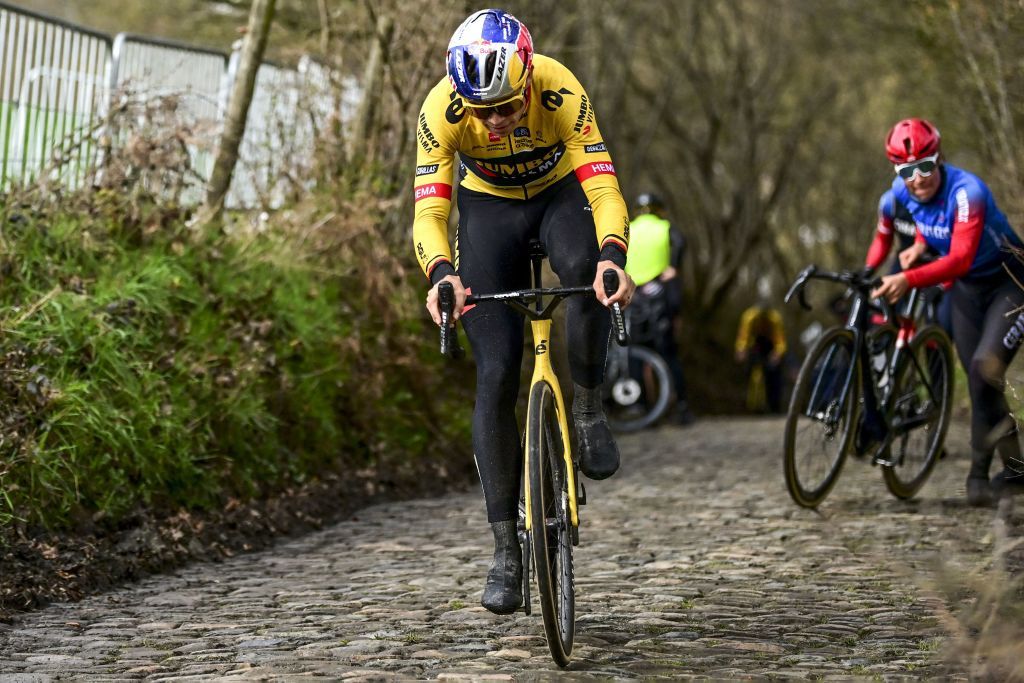 JumboVismas rider Belgian Wout van Aert rides in a training ahead of the Ronde van Vlaanderen Tour des Flandres cycling race in Oudenaarde on March 30 2023 The 107th edition of the cycling race will take place on April 2 2023 Photo by DIRK WAEM Belga AFP Belgium OUT Photo by DIRK WAEMBelgaAFP via Getty Images
