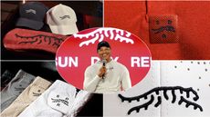 A montage of Tiger Woods and his new Sun Day Red logo and products