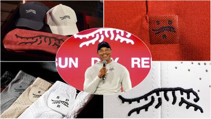 A montage of Tiger Woods and his new Sun Day Red logo and products