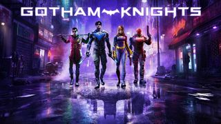 Batgirl, Robin, Nightwing and Red Hood walking along a Gotham street in Gotham Knights