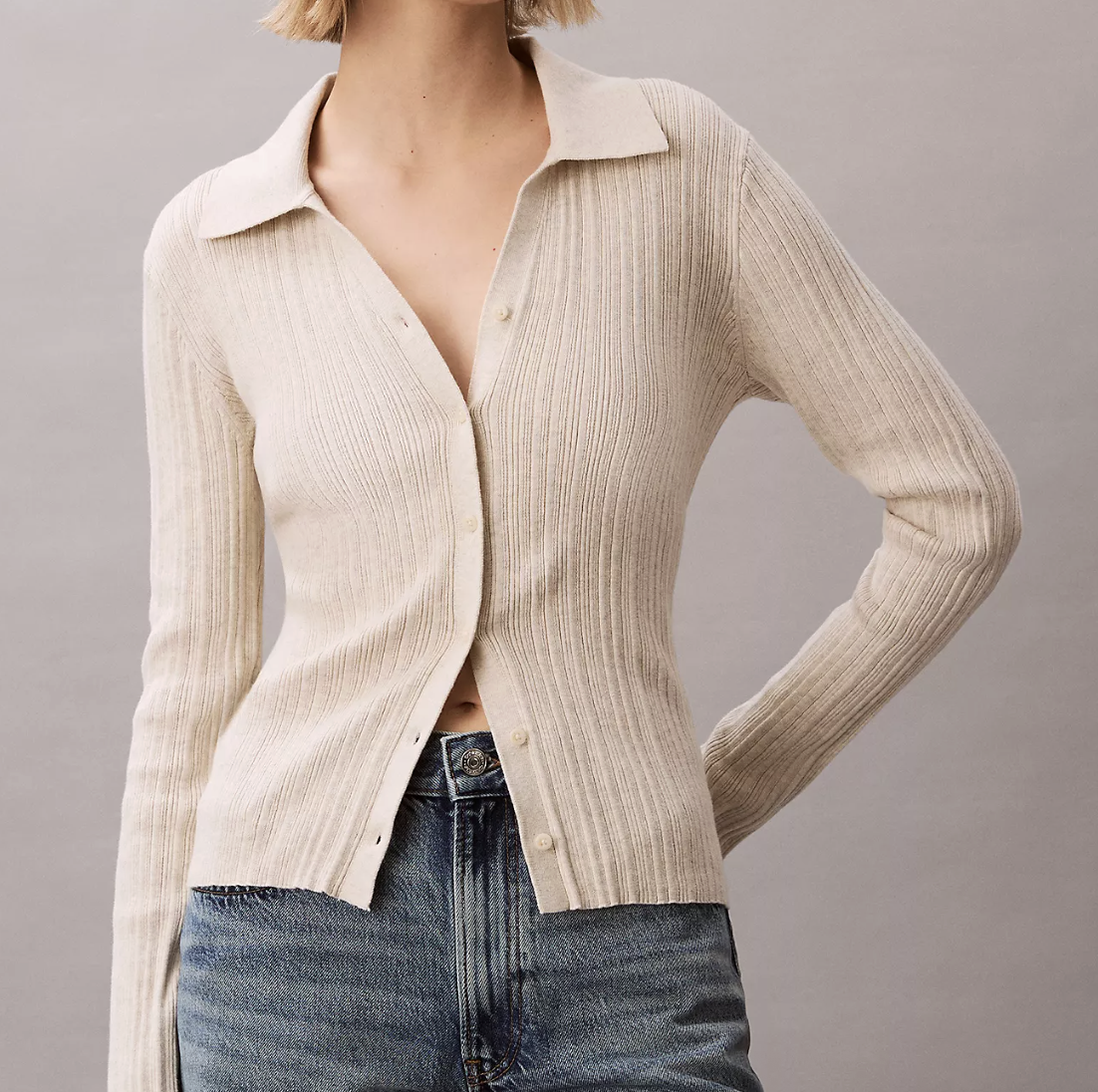Calvin Klein, Smooth Cotton Rib Polo Cardigan