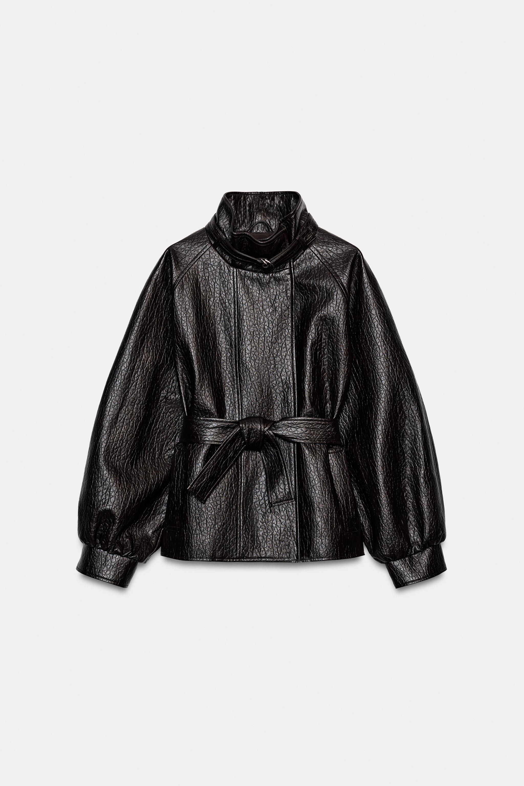 Belted Faux Leather Jacket - Brown - Xs