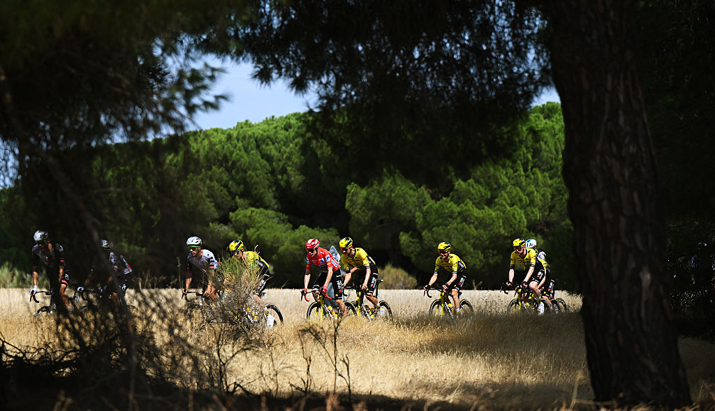 GUIJUELO, SPAIN - SEPTEMBER 12: Jonas Vingegaard of Denmark and Team Visma | Lease a Bike - Red Leader Jersey and a general view of the peloton competing during the La Vuelta - 80th Tour of Spain 2025, Stage 19 a 161.9km stage from Rueda to Guijuelo/ #UCIWT / on September 12, 2025 in Guijuelo, Spain. (Photo by Dario Belingheri/Getty Images)