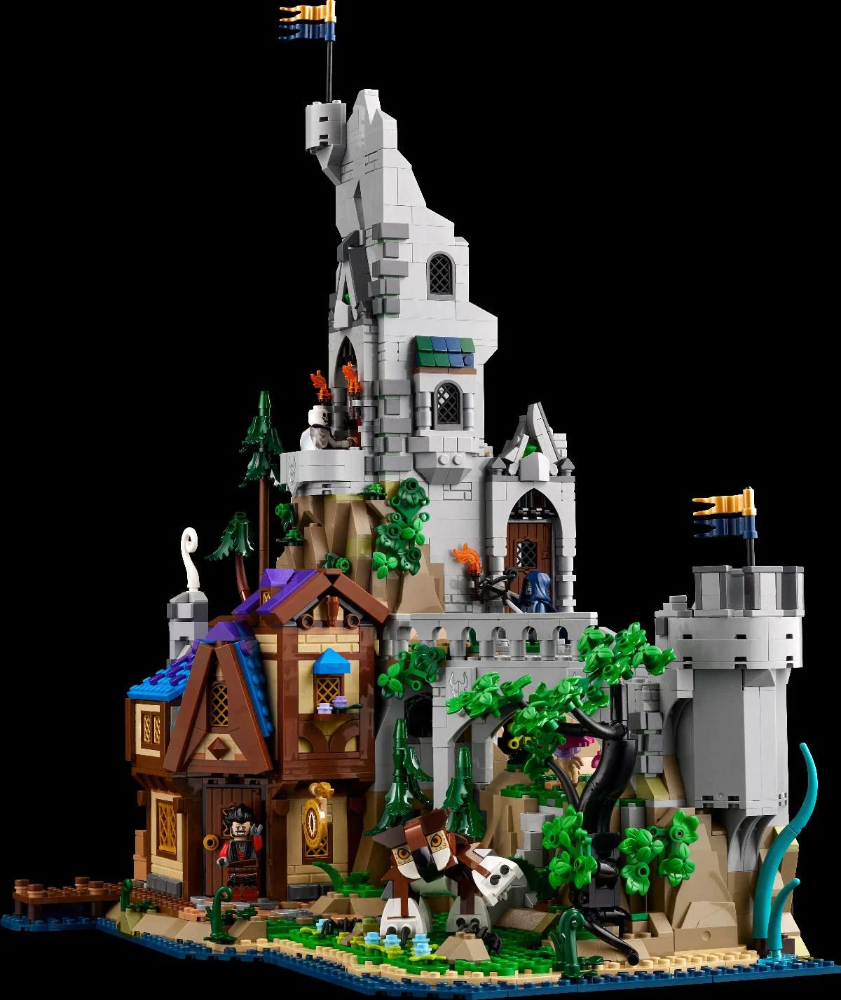 Images of the Lego D&amp;D set featuring a red dragon, beholder, and adventurer mini figs in a tavern and tower setting