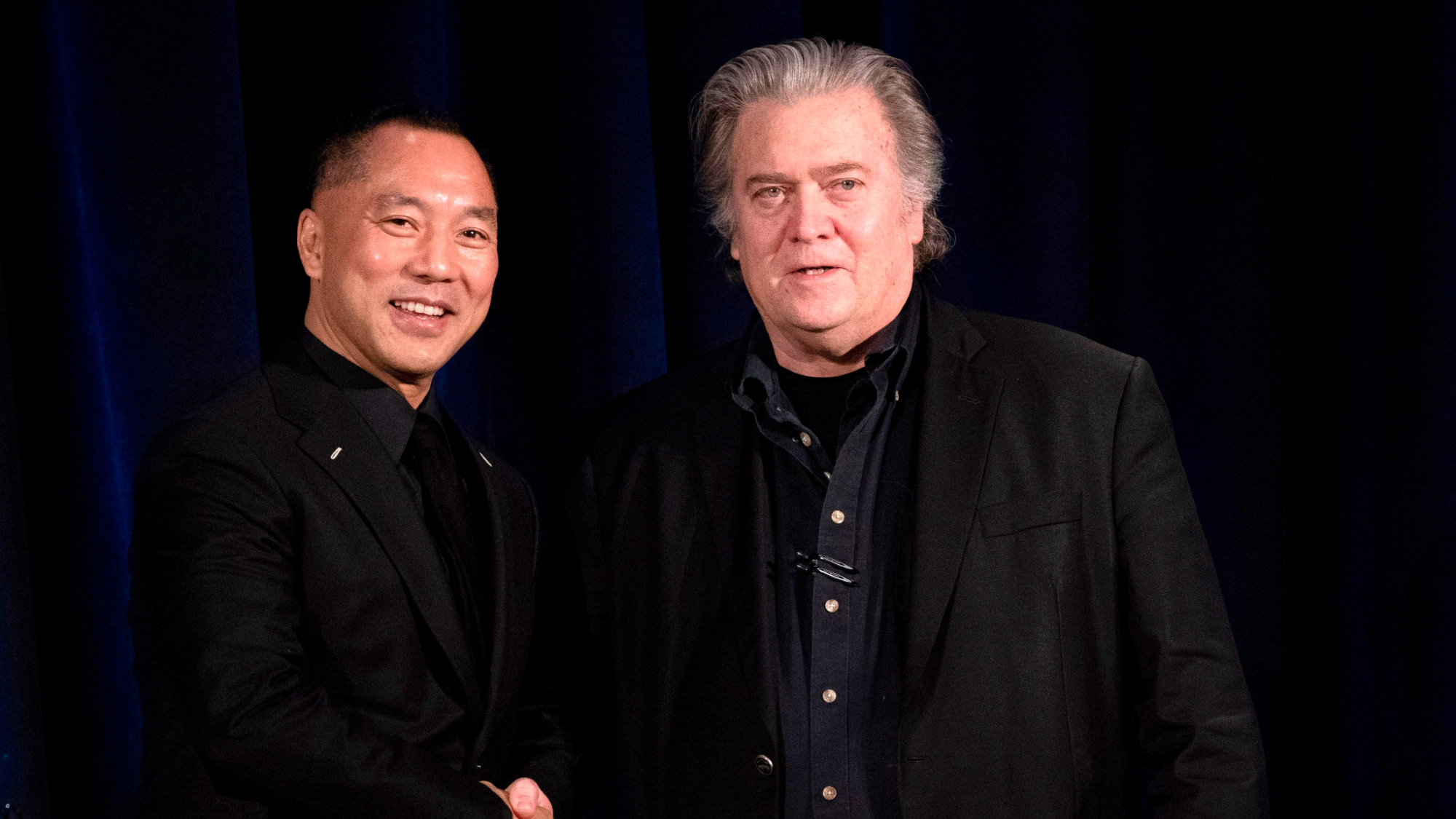 Steve Bannon greets fugitive Chinese billionaire Guo Wengui in New York in 2018