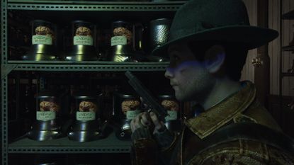 Calvin holds up his handgun near jarred brains in The Sinking City 2