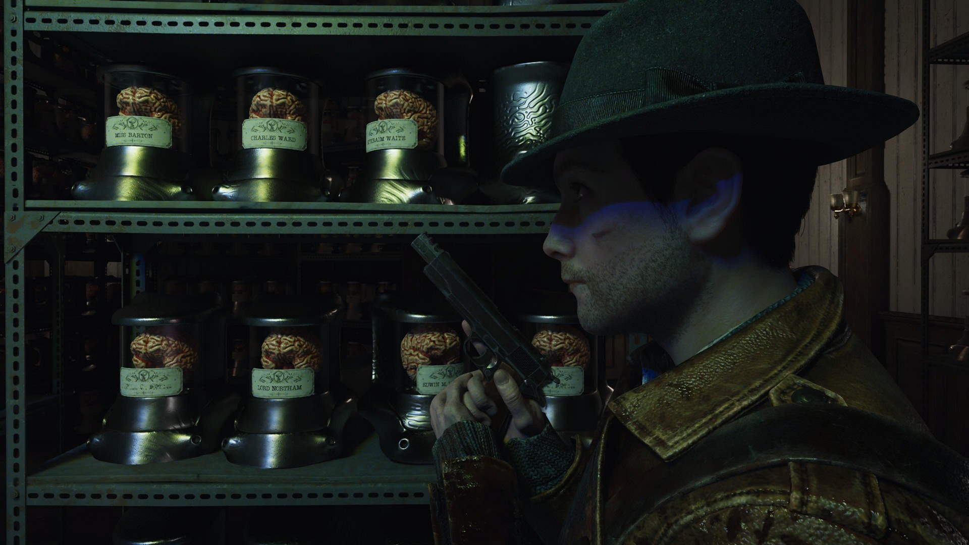 Calvin holds up his handgun near jarred brains in The Sinking City 2