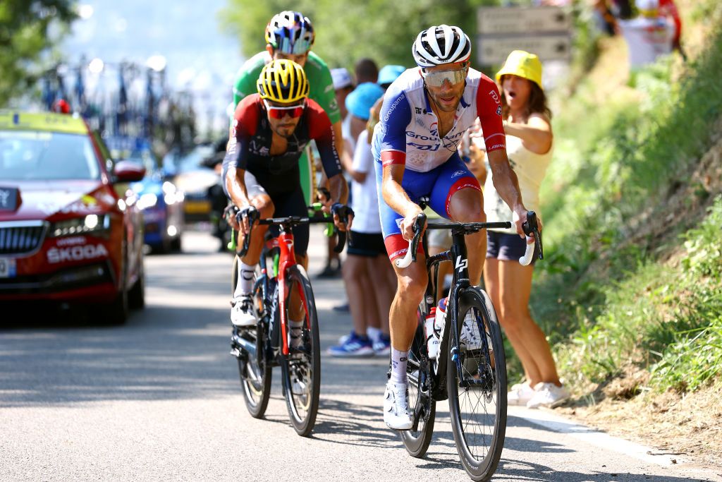 HAUTACAM FRANCE JULY 21 Thibaut Pinot of France and Team Groupama FDJ competes in the chase group during the 109th Tour de France 2022 Stage 18 a 1432km stage from Lourdes to Hautacam 1520m TDF2022 WorldTour on July 21 2022 in Hautacam France Photo by Michael SteeleGetty Images