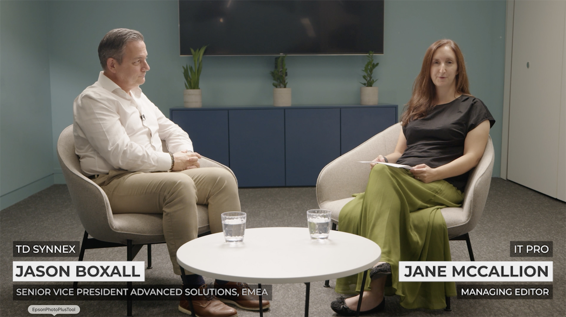 Jane McCallion and Jason Boxall sitting in chairs for an interview