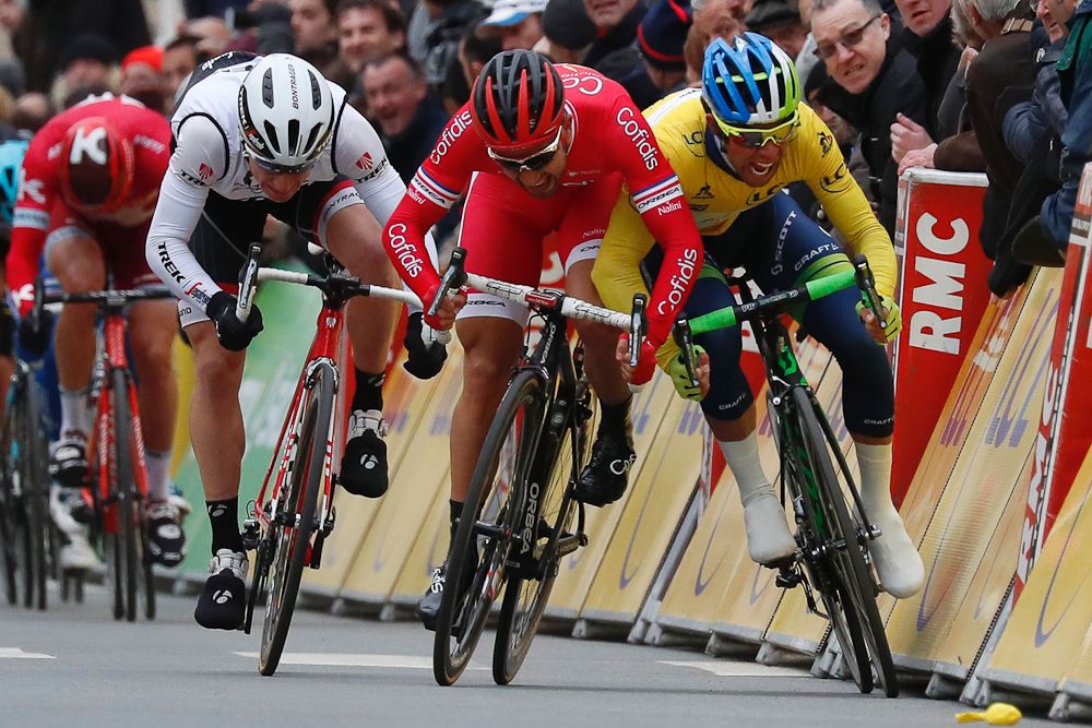 Nacer Bouhanni swerves into Michael Matthews during the final sprint of the second stage of Paris-Nice