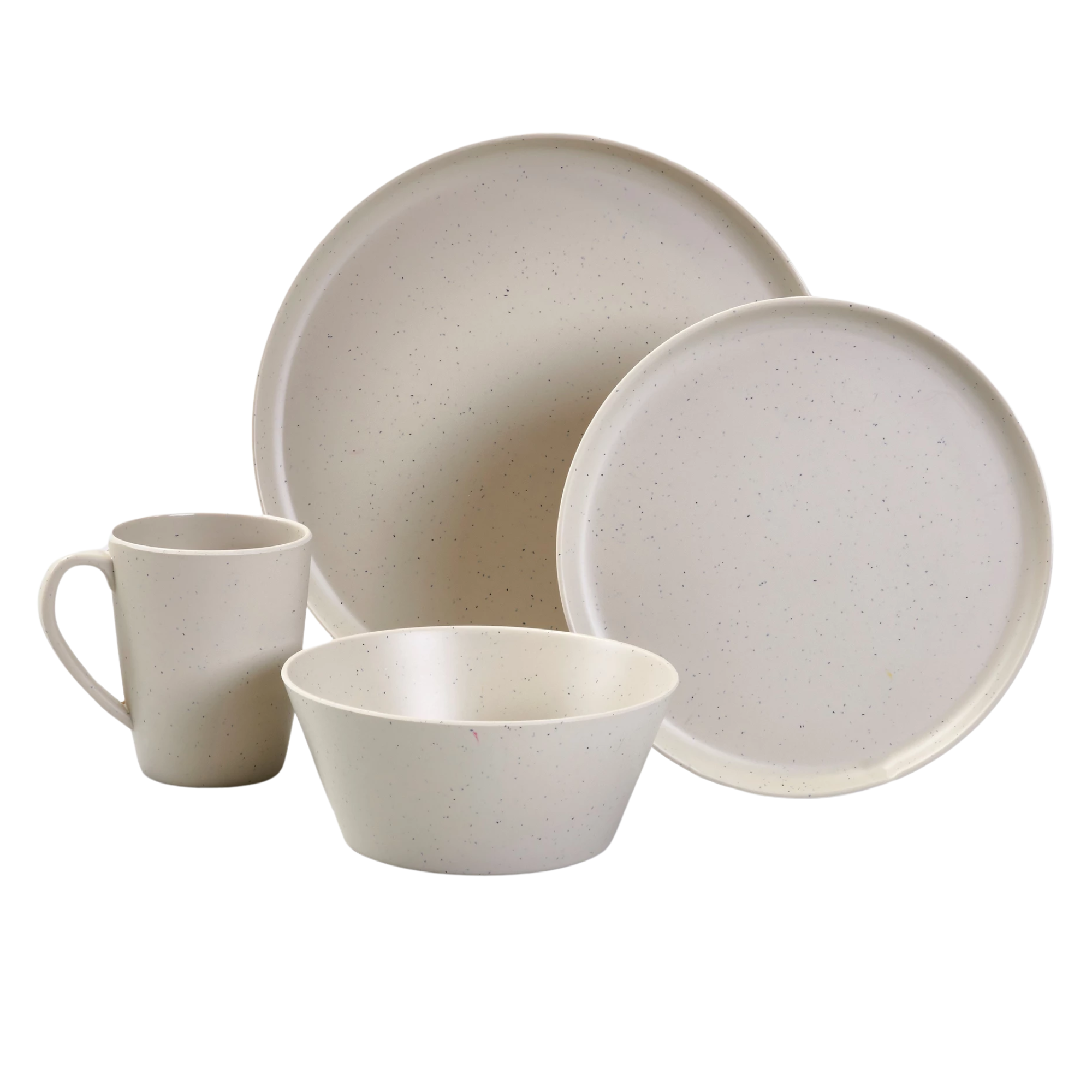 a set of two plates, a bowl, and a mug in white with subtle black speckles 