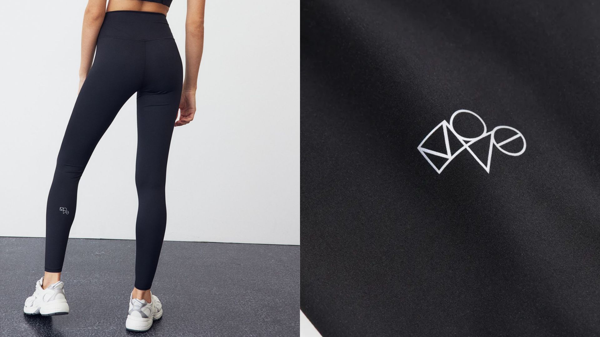 H&M sports leggings, view of the lower part of the leg with Move logo