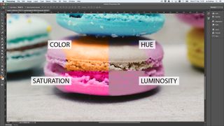 A macaroon demonstrating the color, saturation, hue and luminosity settings