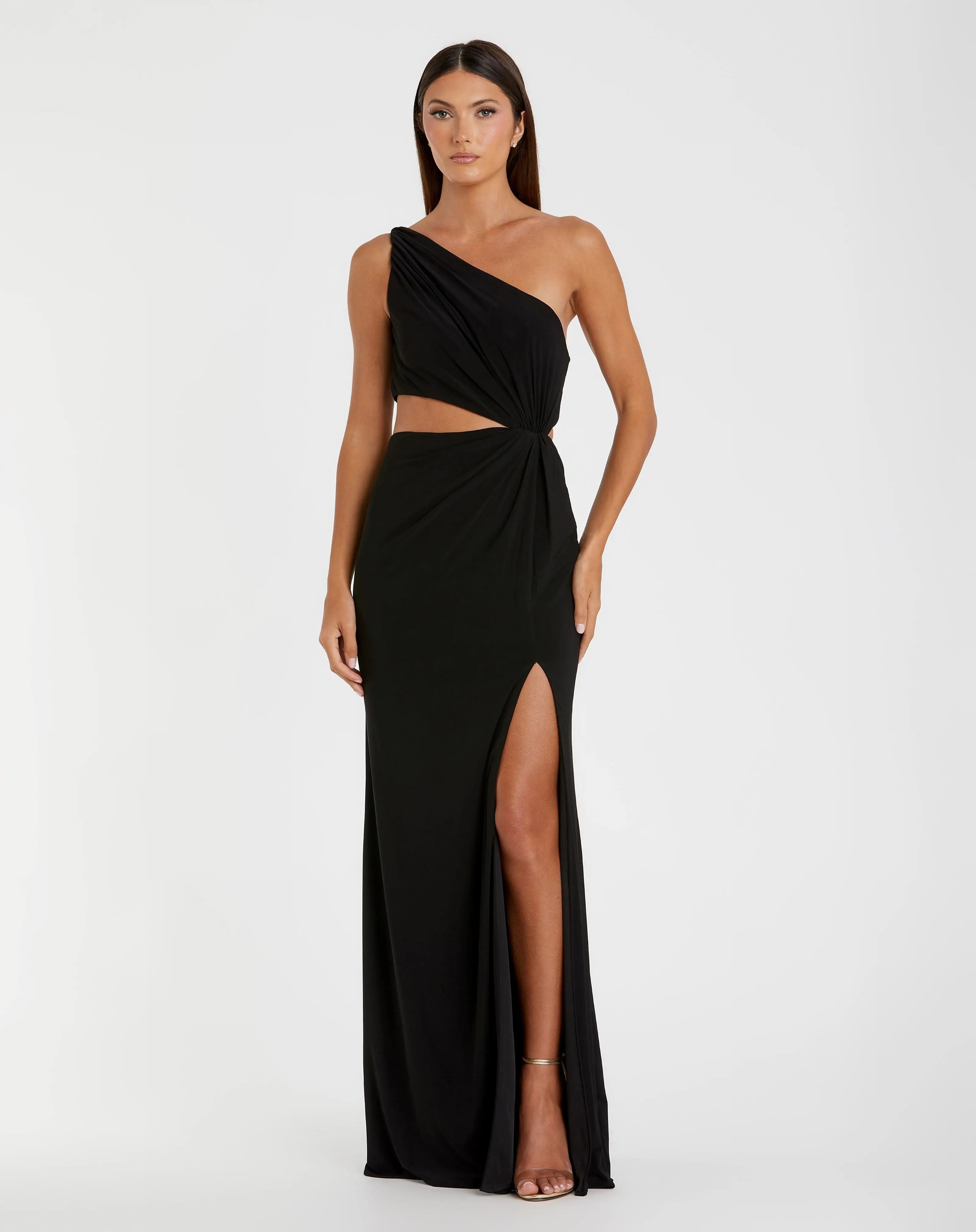 Black One Shoulder Ruched Cut Out Jersey Gown - Final Sale