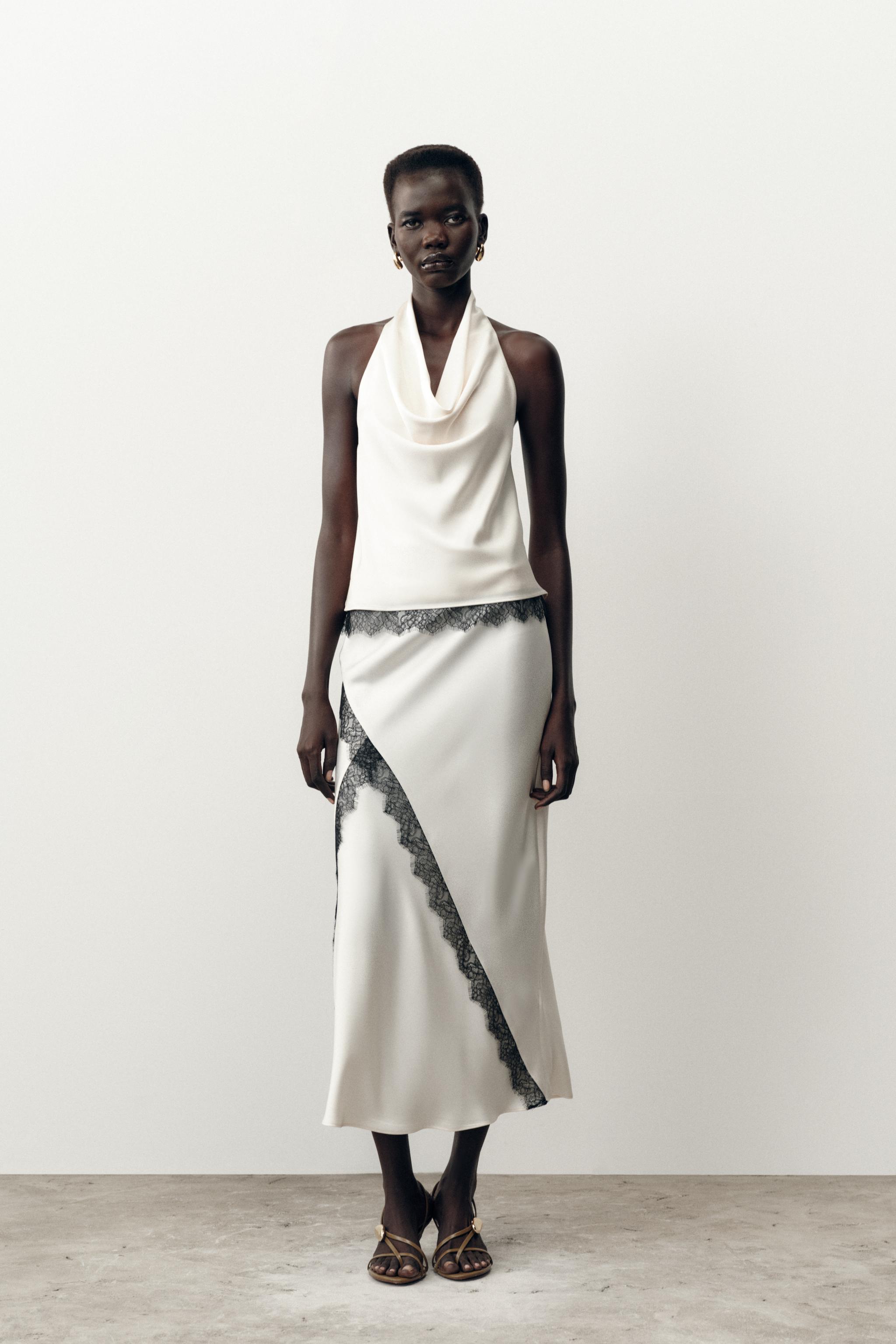 Satin Midi Skirt With Lace