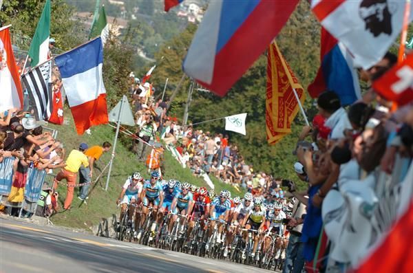 Plenty of colour as the peloton climb in Mendrisio, Switzerland.