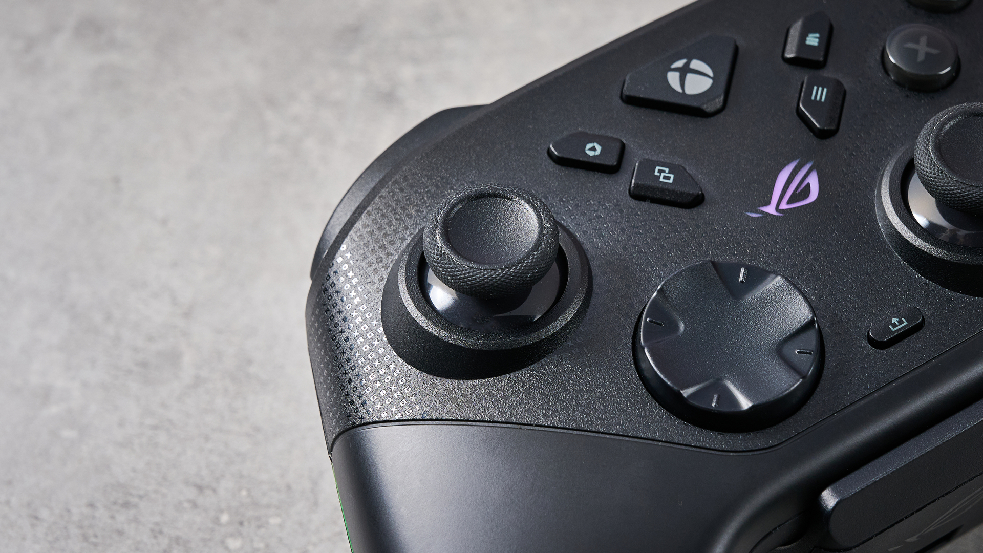 A closeup of the left side of the Asus ROG Raikiri II Xbox Wireless, showing its left thumbstick and D-pad.