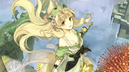 Key art for Atelier Ayesha Plus: The Alchemist of Dusk showing Ayesha standing in ancient ruins above fog
