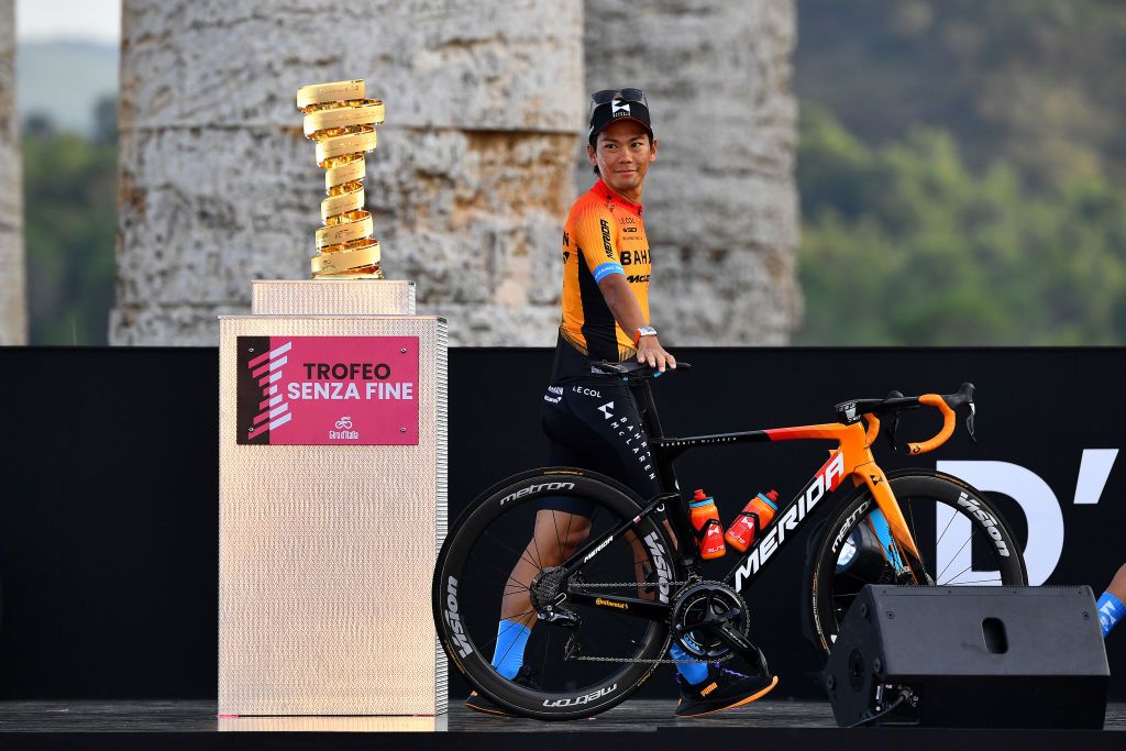 PALERMO ITALY OCTOBER 01 Yukiya Arashiro of Japan and Team Bahrain Mclaren Trofeo Senza Fine Trophy during the 103rd Giro dItalia 2020 Team Presentation in Archaeological Park of Segesta in Palermo City Temple of Segesta girodiitalia Giro on October 01 2020 in Palermo Italy Photo by Stuart FranklinGetty Images