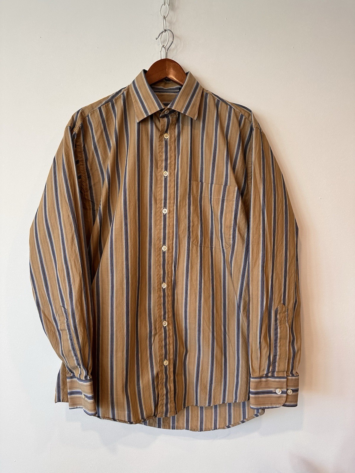 Vtg Burberry London Striped Button Down Dress Shirt Tan Blue Made in Usa Classic