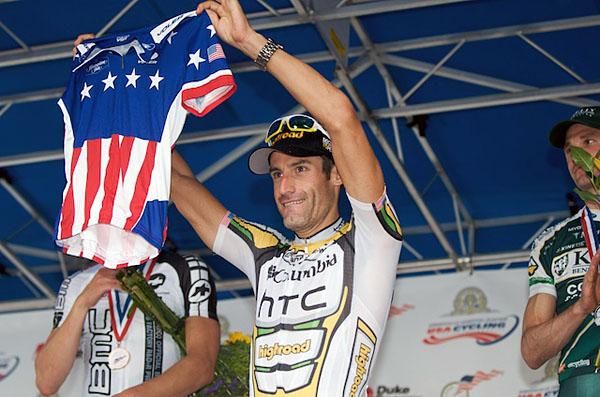 George Hincapie with his new jersey on the podium in Greenville.