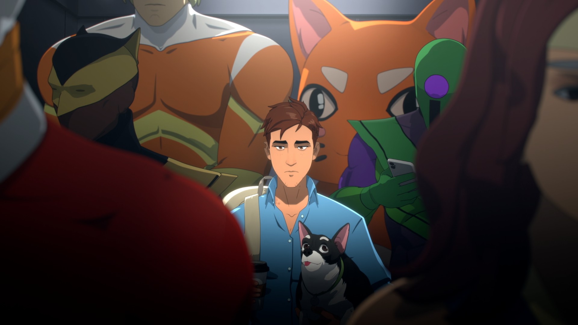 Robert, the protagonist of AdHoc Studio&#039;s dispatch, stands in a crammed elevator full of superheroes.