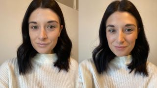 image of Jess wearing Maybelline Fit Me Foundation with and without a full face of makeup