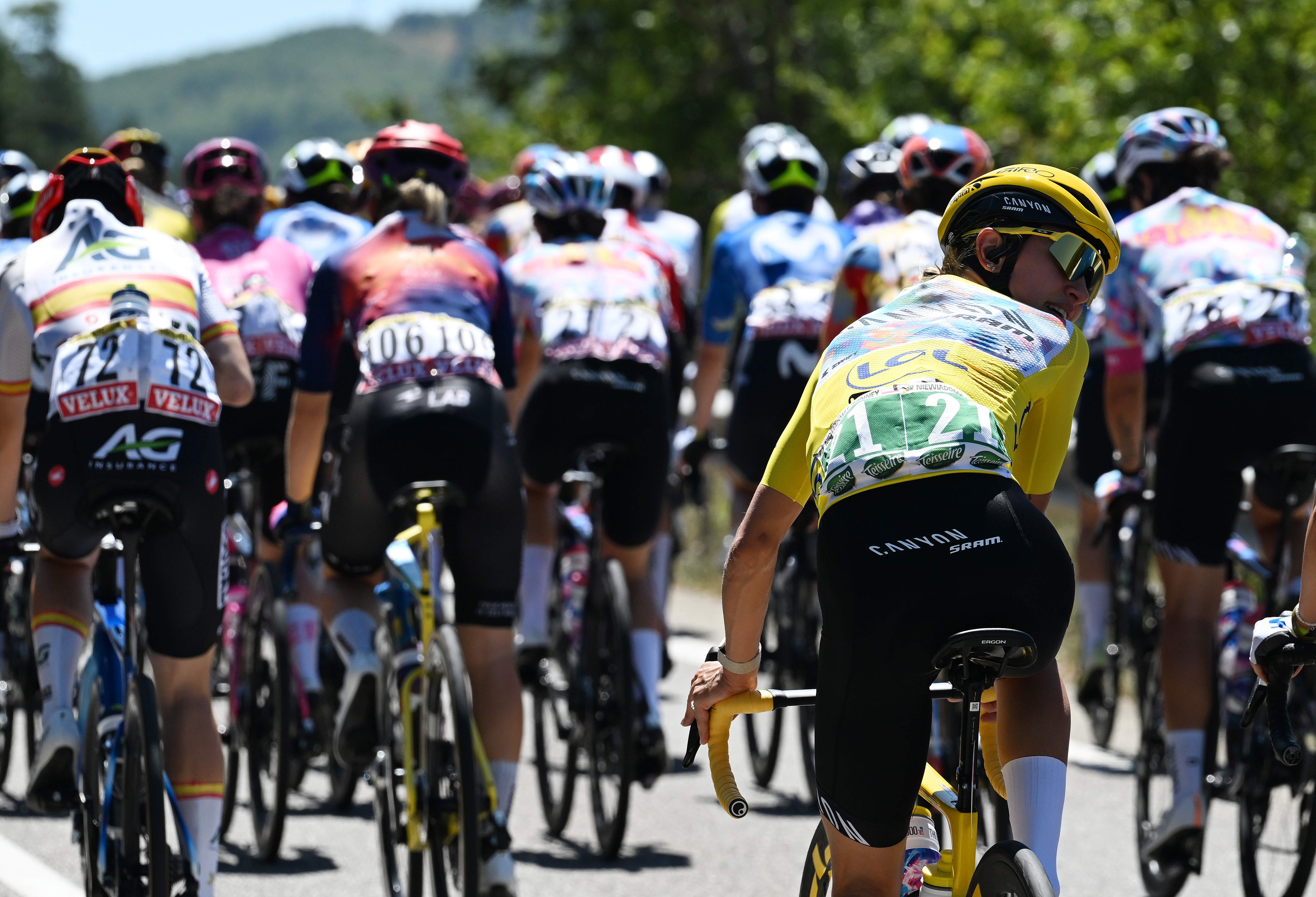 SISTERON, FRANCE - AUGUST 08: Katarzyna Niewiadoma-Phinney of Poland and Team Canyon//SRAM Racing zondacrypto - Yellow Leader Jersey prior to the 5th Tour de France Femmes 2026, Stage 8 a 171.9km stage from Sisteron to Nice / #UCIWWT / on August 08, 2026 in Sisteron, France. (Photo by Tim de Waele/Getty Images)