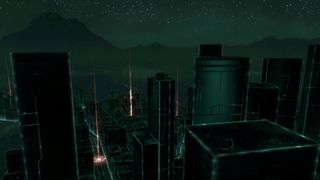 A dark, cyberpunk cityscape.