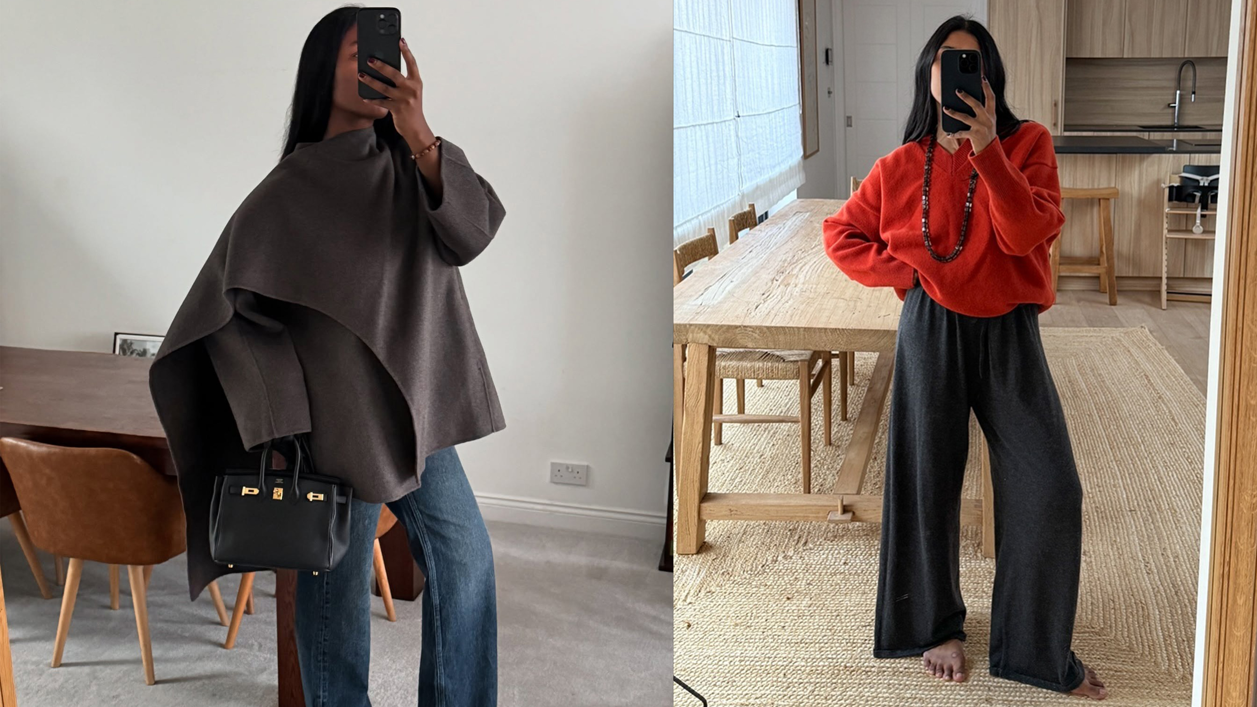 Marilyn wears a brown coat from COS. Monikh wears a red sweater and gray pants.