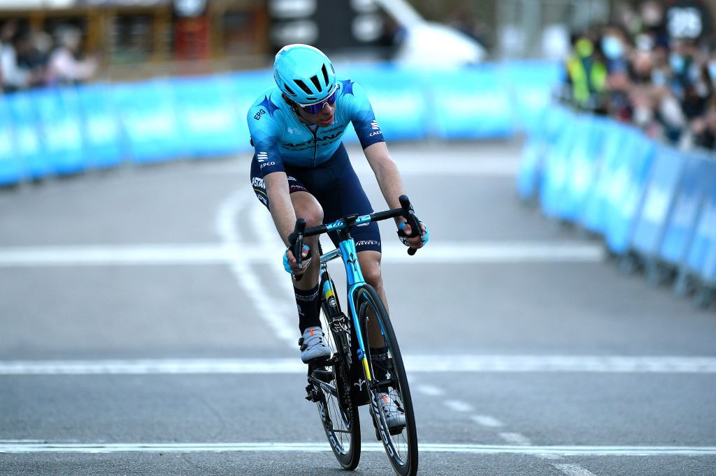 TORRALBA DEL PINAR SPAIN FEBRUARY 02 David De La Cruz Melgarejo of Spain and Astana Qazaqstan Team crosses the finishing line during the 73rd Volta A La Comunitat Valenciana 2022 Stage 1 a 1667km stage from Les Alqueries to Torralba Del Pinar 735m VCV2022 on February 02 2022 in Torralba Del Pinar Spain Photo by Dario BelingheriGetty Images