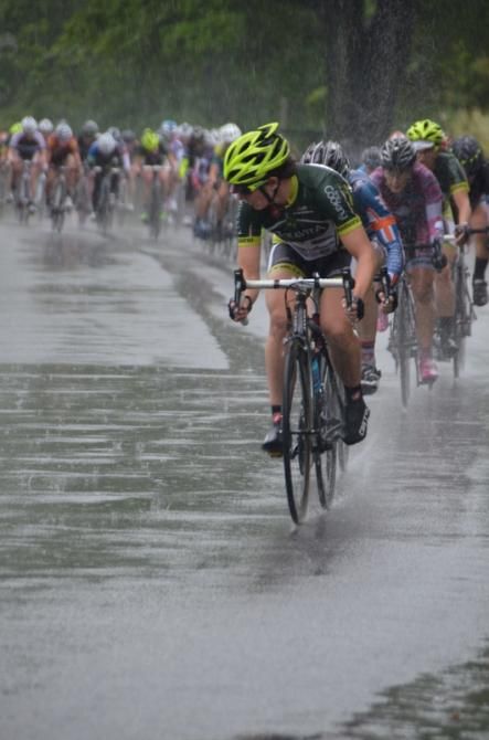 The women's peloton was strung out on the back side of the course