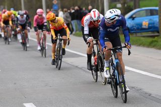 WAREGEM BELGIUM MARCH 29 Oier Lazkano Lopez of Spain and Movistar Team leads the peloton during the 77th Dwars Door Vlaanderen 2023 Mens Elite a 1837km one day race from Roeselare to Waregem DDV23 on March 29 2023 in Waregem Belgium Photo by Tim de WaeleGetty Images