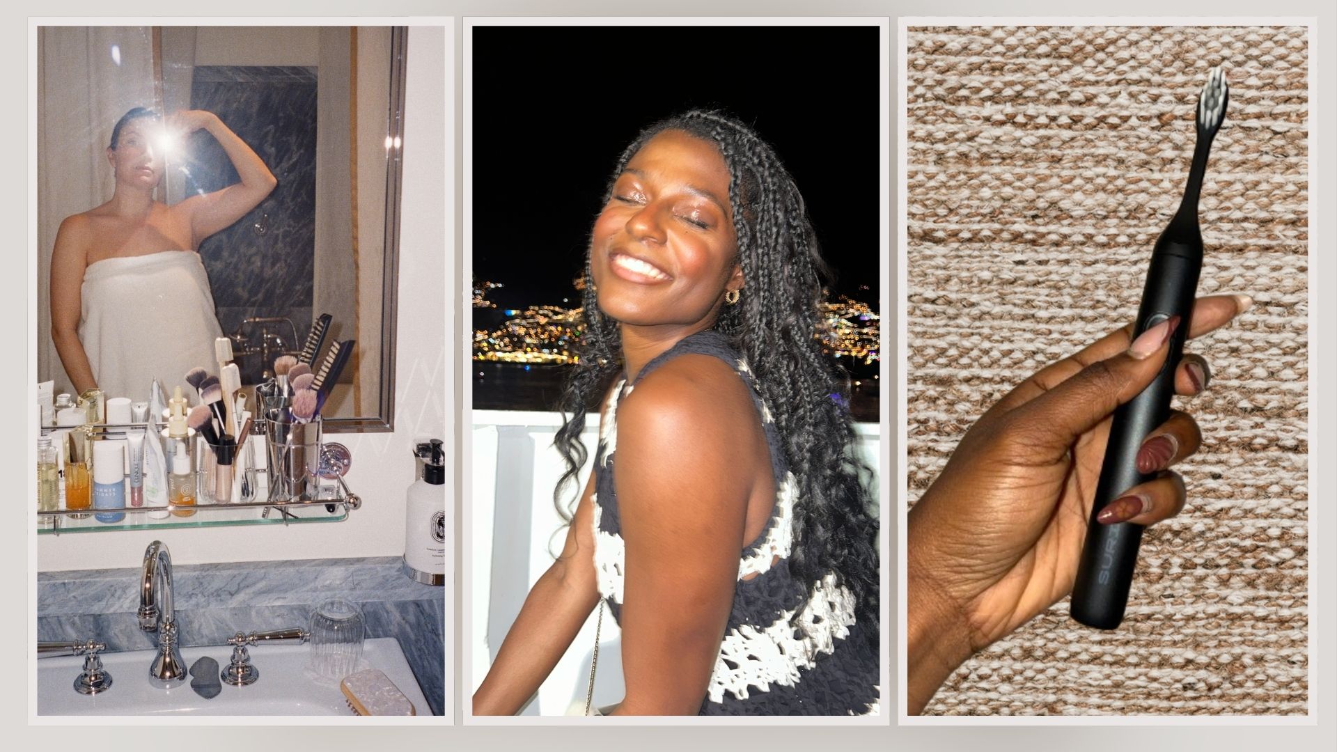 Collage of images of Suri toothbrushes and Shei