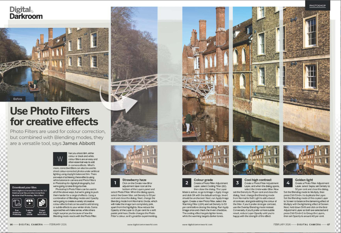 Image showing the Get the Look tutorial in issue 303 (February 2026) of Digital Camera magazine, about using Photoshop filters for creative effects