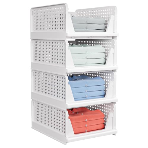 4 Pack Folding Closet Organizers Box, Stackable Plastic Basket, Drawer Shelf Container for Cupboard Kitchen Bathroom Bedroom (4l) White