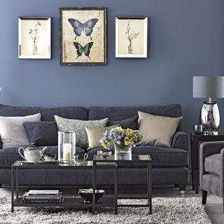 blue living room with sofa set