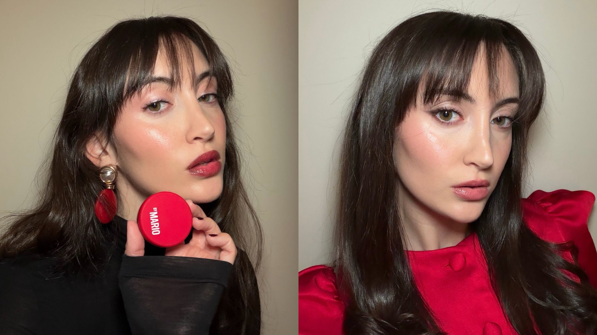 Brascia wearing the Makeup by Mario Jelly Jar in shades Cherry Pie and Mauve Latte.