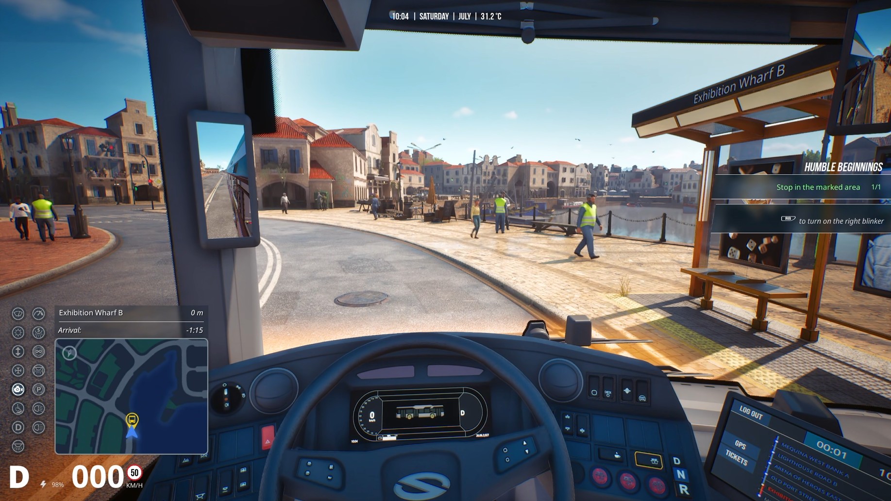 A screenshot from Bus Simulator 27 driving an electric bus while parked at a bus stop.