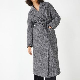 black and white checked wool coat with tie belt